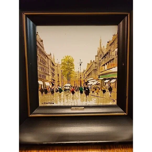 Lot of 2 "A Street in Paris" Paintings Oil Painted Tiles M. Maresca 1949. Set